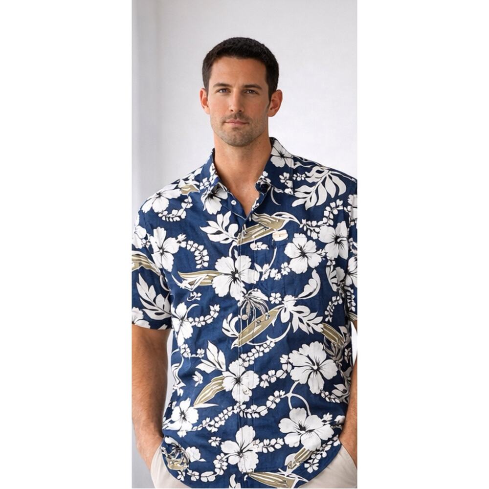 Kiki’s Hawaiian Shirt Floral Surf Aloha Men XL Blue White Beach